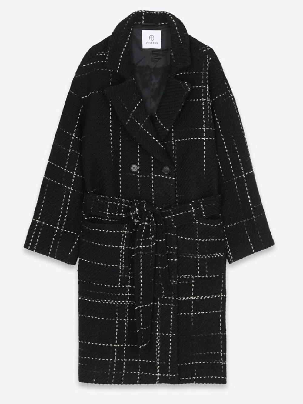 Anine Bing Scandi Norma Black Plaid Wool Midi Belted Double Breasted Coat Size M